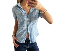 Women's Plaid Button Down Shirts Y2k Summer Basic Ruffle Blouse Lapel Collar Short Sleeve Slim Fit Tops (H-a-Blue, S)
