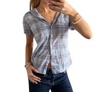 Women's Plaid Button Down Shirts Y2k Summer Basic Ruffle Blouse Lapel Collar Short Sleeve Slim Fit Tops (H-Grey, S)