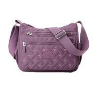 Women's Plaid Canvas Shoulder Bag, Lightweight Packable Wide Strap Tote, Classic Casual Handbag (Purple)
