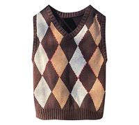 Women's Plaid Check Knit Lozenge Sweater 90s Knit Tank Top V-Neck Checkered Waistcoat Girls College Knitted Waistcoat Sleeveless Vest Ladies Retro Classic Jumpers Tank,Students Knit Gilets