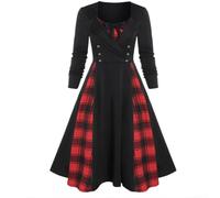Women's Plaid Dress with Long Sleeves in Gothic Medieval Design Featuring Large Swing Skirt and Double Breasted Button Closure (M Red)