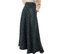 Women's Plaid Elastic High Waist Maxi Skirt Vintage Wool Tartan Midi Swing Pleated Flared A Line With Pockets Retro Elegant High Rise Flowy Dress Pull Green