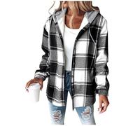 Womens Plaid Fleece Lined Jacket - Wool Quilted Coats, Hooded Drawstring Lumberjacket, Button Down, Sweatshirt Hoodie, Checked, Ladies Elegant Shirt, Oversized Fluffy Fuzzy Shacket, Overcoat S-2XL