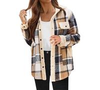 Women's Plaid Fleece Lined Shirt Jacket with Pockets Single Breasted Womens Coats Warm Plaid Sweatshirt Casual Loose Comfy Plaid Cardigan Lapel Collar Jacket Tops Jackets Women Plus Size Khaki