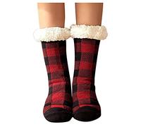Women's Plaid Floor Socks Thicken Warm Sleeping Socks Slippers Fuzzy Socks Crazy Looking Socks (Red, One Size)