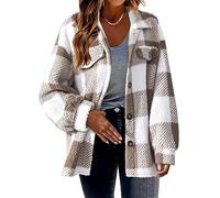 Womens Plaid Fuzzy Button Up Shacket Oversized Checked Flannel Shirt Jacket | Casual Buffalo Long Sleeve Coat with Pockets Warm Autumn Winter Outerwear for Women UK Oversized Sherpa Flannel Overshirt