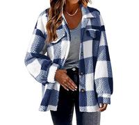 Womens Plaid Fuzzy Button Up Shacket Oversized Checked Flannel Shirt Jacket | Casual Buffalo Long Sleeve Coat with Pockets Warm Autumn Winter Outerwear for Women UK Oversized Sherpa Flannel Overshirt