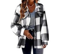 Womens Plaid Fuzzy Button Up Shacket Oversized Checked Flannel Shirt Jacket | Casual Buffalo Long Sleeve Coat with Pockets Warm Autumn Winter Outerwear for Women UK Oversized Sherpa Flannel Overshirt