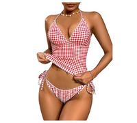 Women's Plaid Gingham Halter Tankini Swimsuits Tie Side 2 Piece Bathing Suit Red and White Medium(Light Pink,Medium)