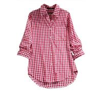 Women's Plaid Long Sleeeve Shirts Loose V Neck Button Down Dressy Blouse Ladies Business Office Smart Work Vintage Shirt Red