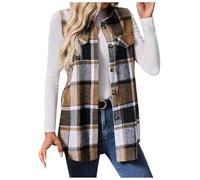 Women's Plaid Long Sleeveless Vest Top Vintage Button Down Waistcoat Lapel Neck Open Front Sleeveless Dressy Vests Jacket Cardigan Lightweight Soft Office Vest Outerwear with Pockets for Women UK