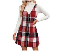 Women's Plaid Overall Mini Dress Ladies Fall Winter Sleeveless Pinafore Dress Full Zip Up V Neck Overall Winter Casual Sweater Tunic Trendy Retro Plaid Mini Pinafore Wine