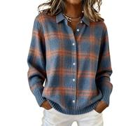 Women's Plaid Print Casual Cotton Buttoned Cardigan Sweater, Plaid Knitted Cropped Cardigan Sweater Women's Shirts Sweaters Tops Blue
