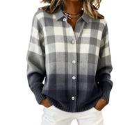 Women's Plaid Print Casual Cotton Buttoned Cardigan Sweater, Plaid Knitted Cropped Cardigan Sweater Women's Shirts Sweaters Tops Grey