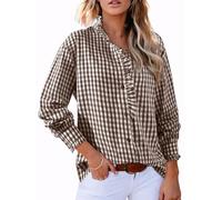 Women's Plaid Ruffle V Neck Button Down Blouse, Casual Long Sleeve Gingham Tops, Fall Casual Checkered Shirt (Brown,M)
