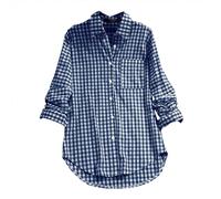 Womens Plaid Shirt Oversized Button Down Shirts Casual Lapel Collar Long Sleeve Blouse Vintage Boyfriend Long Checked Shirts Basic Loose Check Blouses Top with Pocket(Dark Blue,M)