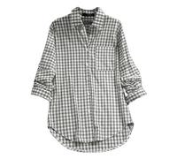 Womens Plaid Shirt Oversized Button Down Shirts Casual Lapel Collar Long Sleeve Blouse Vintage Boyfriend Long Checked Shirts Basic Loose Check Blouses Top with Pocket(Grey,XL)