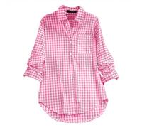 Womens Plaid Shirt Oversized Button Down Shirts Casual Lapel Collar Long Sleeve Blouse Vintage Boyfriend Long Checked Shirts Basic Loose Check Blouses Top with Pocket(Pink,M)