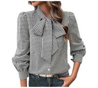 Womens Plaid Shirts Long Sleeve Fashion Bow Tie Neck Checked Top for Women Gingham Elegant Blouse Button Down Casual Contrast Color Work Shirt Autumn and Winter Tops Black Daily Wear (Black, M)