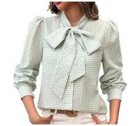 Womens Plaid Shirts Long Sleeve Fashion Bow Tie Neck Checked Top for Women Gingham Elegant Blouse Button Down Casual Contrast Color Work Shirt Autumn and Winter Tops Black Daily Wear (Green, S)