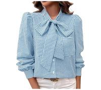 Womens Plaid Shirts Long Sleeve Fashion Bow Tie Neck Checked Top for Women Gingham Elegant Blouse Button Down Casual Contrast Color Work Shirt Autumn and Winter Tops Black Daily Wear (Blue, S)