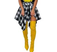 Women's Plaid Skirts High Waisted Knot Front Asymmetrical Hem Mini Skater Skirt, Black White Plaid, M