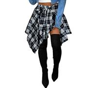 Women's Plaid Skorts Skirts - High Waisted Tie Front Pleated Summer Asymmetrical Skirt with Shorts, Black White(with Shorts), X-Large