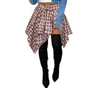 Women's Plaid Skorts Skirts - High Waisted Tie Front Pleated Summer Asymmetrical Skirt with Shorts, Plaid-khaki, X-Large