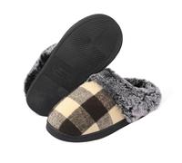 Womens Plaid Slippers Ladies Faux Fur Trim Mules Winter Warm House Shoes | Indoor Checked Plush Footwear Fuzzy Anti Slip Bedroom Slides Hard Sole Comfy Cosy Memory Foam Loungewear