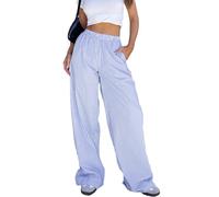 Women's Plaid/Stripe Print Lounge Pants Elastic Waist Pajama Bottoms Comfy Cotton Wide Leg Drawstring Pyjamas Pants Loungewear (B Blue Striped, S)
