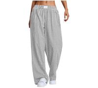 Womens Plaid Trousers Casual Wide Leg Pants Summer High Waisted Elasticated Waist Pants Lightweight Comfy Straight Jogger Ladies Y2k Checkered Lounge Trousers Gray
