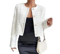 Womens Plaid Tweed Blazer Jacket Cropped Open Front Collarless Casual Business Work Office Crop Fall Winter Clothes, White, S