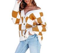 Womens Plaid V Neck Button Down Long Sleeve Cable Knit Oversized Cardigan Sweaters Tops(Brown,M)