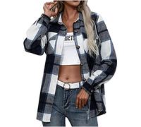 Women's Plaid Wool Coats Sale Clearance Fleece Shirt Jacket Flannel Shacket Jacket Lapel Button Down Woolen Blend Warm Coat Casual Long Sleeve Open Front Tartan Checked Shirts with Pockets