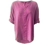 Women's Plain 3/4 Turn Up Sleeve Italian Button Blouse Dip Hem Top Ladies Round Neck One Button Midi Shirt Summer Fashion Lagenlook Hi lo T Shirt Baggy Top (Rose Pink, UK 8)