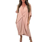 Women's Plain Batwing Sleeve V-Neck Baggy Long Lightweight Midi Dress Ladies V-Neck Tie Knot Twist Front Oversized Long Soft Touch Summer Smock Midi Dress UK 12-22