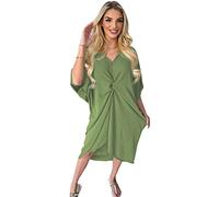 Women's Plain Batwing Sleeve V-Neck Baggy Long Lightweight Midi Dress Ladies V-Neck Tie Knot Twist Front Oversized Long Soft Touch Summer Smock Midi Dress UK 12-22