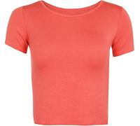 Womens Plain Cap Short Sleeve Crop Top Ladies Stretchy Scoop Neck Casual Basic Crop Top Coral