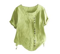 Women's Plain Crew Neck Raglan Sleeves Hem Slit Loose Short Sleeve Button Decoration Casual Tops T-Shirt Pullover Backless, Mint Green, XL