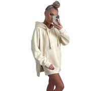 Womens Plain Fleece Lined Hooded Top Front Pockets Soft Warm Loose Fit Cuffed Side Slit Hoodie Stretchy Stylish Sweatshirts Pullover Ladies Plus Size Tops Long Sleeve Winter Hoodies For Women UK 4-14