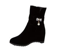 Women's Plain Pearl Bow Trim Inner Elevation Fashion Mid Boots, black, 7 UK
