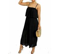 Womens Plain Printed Chiffon Frill Square Neck Jumpsuit Ladies Summer Fashion Crinkle Pleated Strappy Jumpsuit Dress Black UK 14