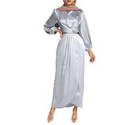 Women's Plain Satin Abaya Dress Round Collar Balloon Sleeve Wrap Waist Slit Maxi Dress Middle Eastern Muslim Gown, Gray, Large