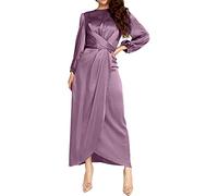 Women's Plain Satin Abaya Dress Round Collar Balloon Sleeve Wrap Waist Slit Maxi Dress Middle Eastern Muslim Gown, Purple, M