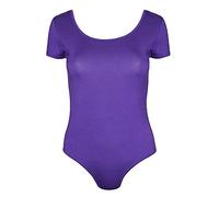 Womens Plain Short Cap Sleeve Ladies Popper Stud Fastening Round Scoop Neckline Stretch Bodysuit Leotard T-Shirt Top Purple Size 24-26