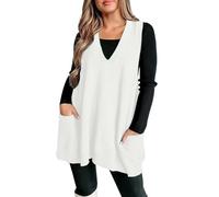Women's Plain Sleeveless Jumper Fashion V Neck Layered Knit Sweaters Vest Loose Oversized Autumn Warm Fleece Sweater Vest Plain Modern Loungewear Knitted Jumper Tank Top Cute Drop Pockets White