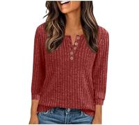 Womens Plain Sweatshirt Activewear 3/4 Sleeve Tshirts Loose Knit Stripe Sweater Warm Red Top Casual Tunic Pullover Winter Jumpers for Women UK Sweat Top V Neck Button Up Ladies Sweaters