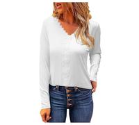Women's Plain Top Shirt Lace Sexy Fashion Long Sleeve Casual Elegant Tops Blouse V-Neck Slim Fashion Shirt Black Top Women's Sexy, White, M