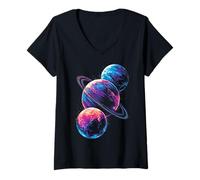 Women's Planet Moon Space Artwork Illustration Motif V-Neck T-Shirt