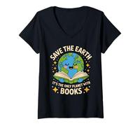 Women's Planet with Books Reader Reading Environmentalist Earth Day V-Neck T-Shirt